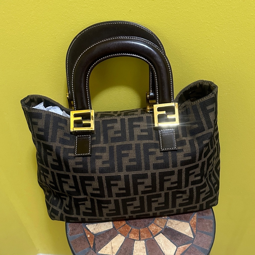 Fendi Black and Brown Zucca Handbag with Gold Details
